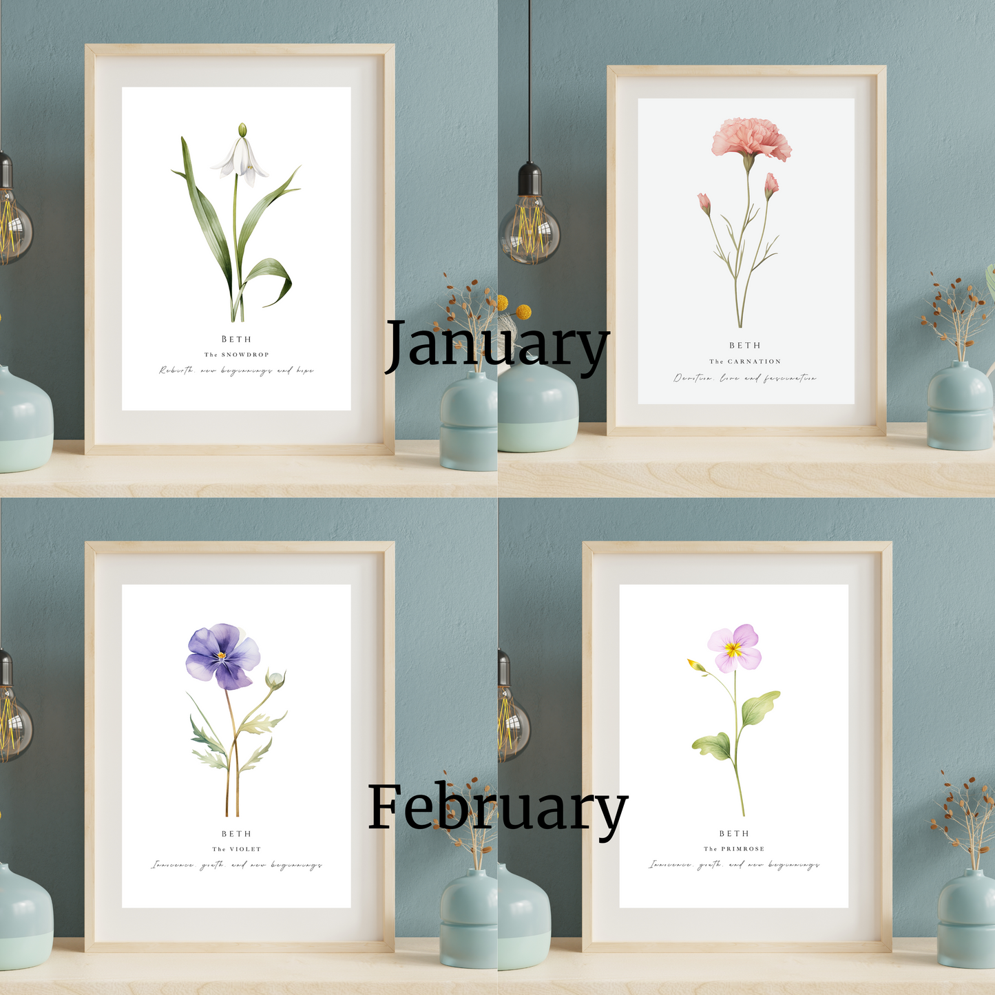 Birth month flower print personalised A4 Print