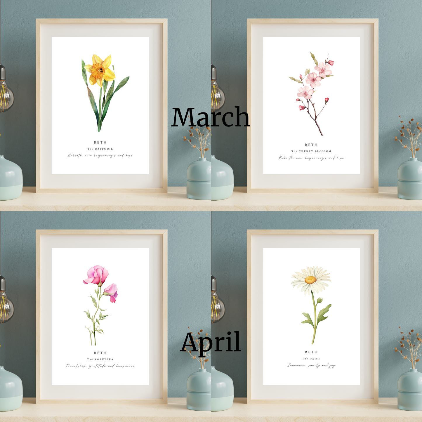 Birth month flower print personalised A4 Print