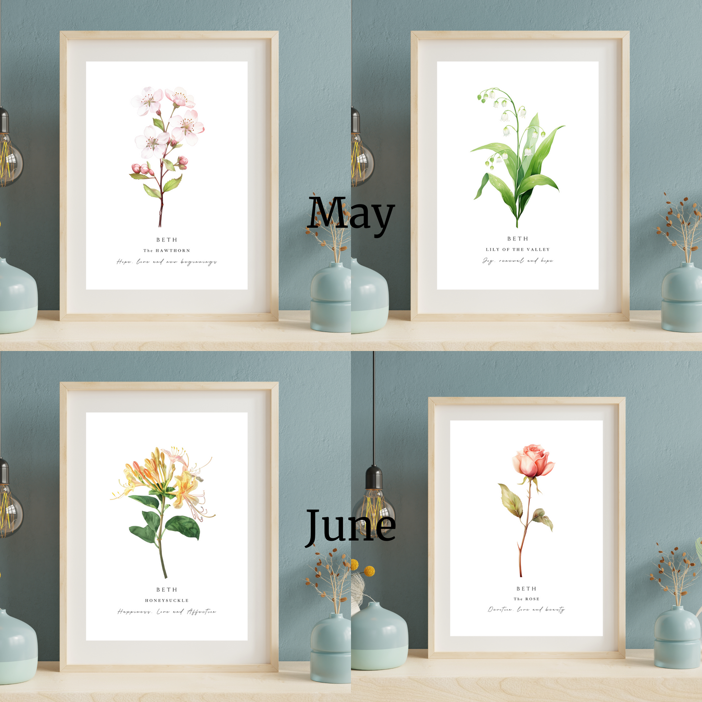 Birth month flower print personalised A4 Print