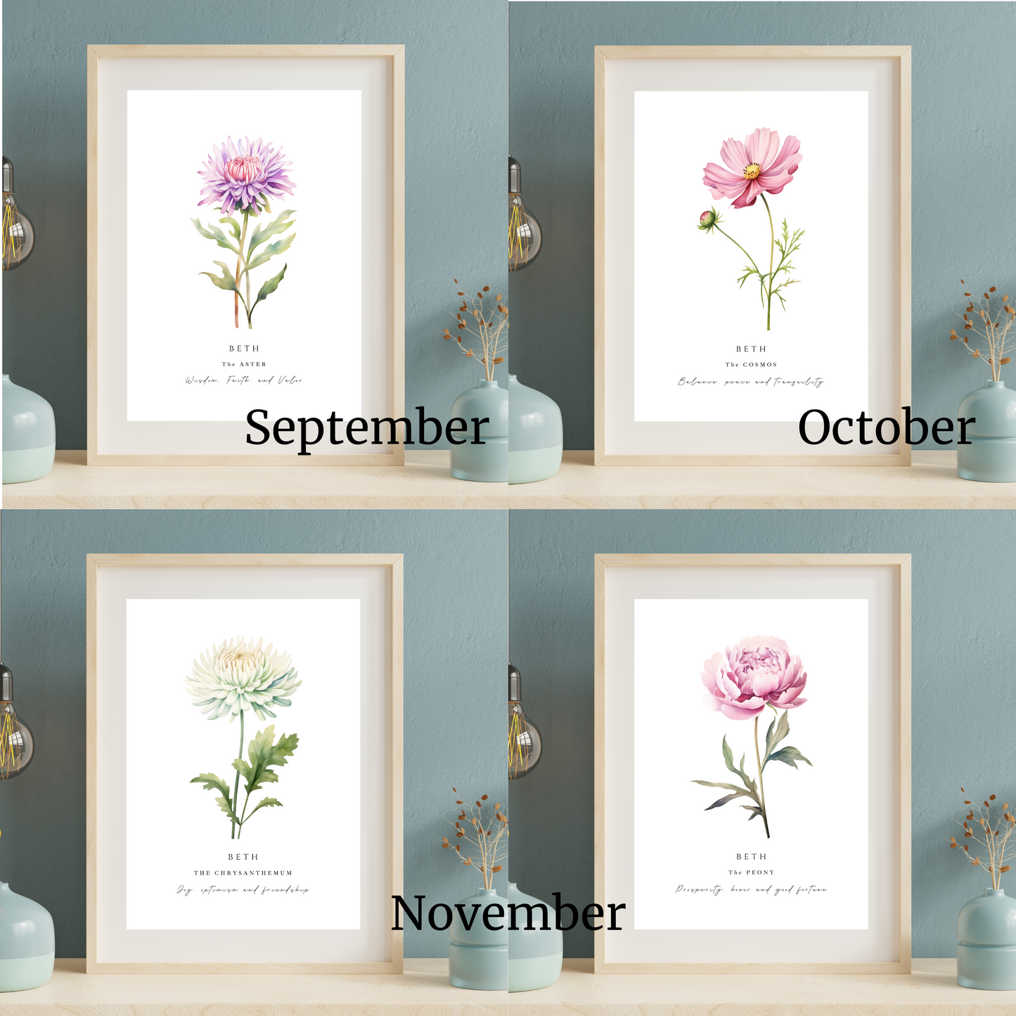 Birth month flower print personalised A4 Print